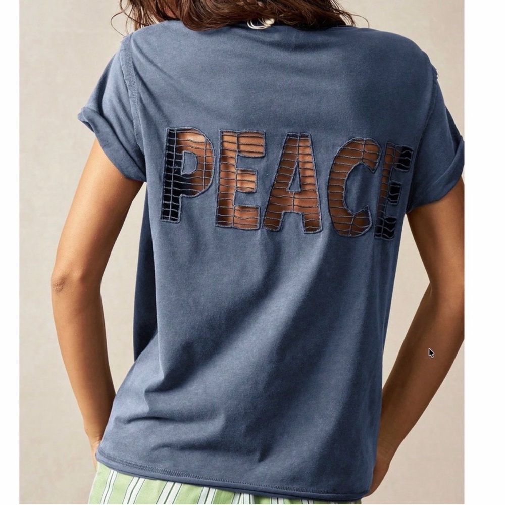 Vintage Wash Blue Peace Cut Out Short Sleeve Top - Size Large NWT - Picture 5 of 5